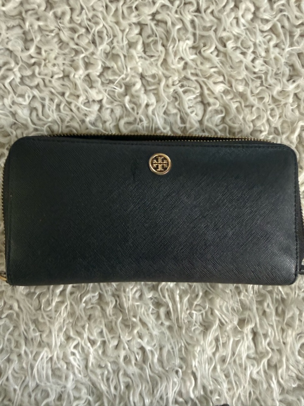 Tory Burch Black Leather Zip Wallet with Gold Logo